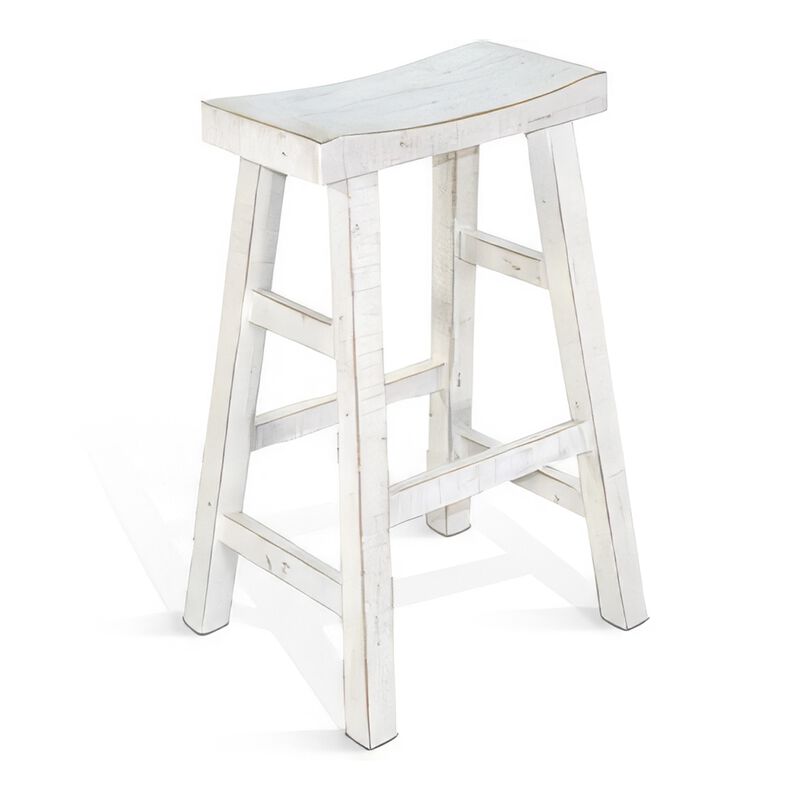 Rena Bar Stool Set of 2, Saddle Style Seat, White Sand Mahogany Wood - Benzara