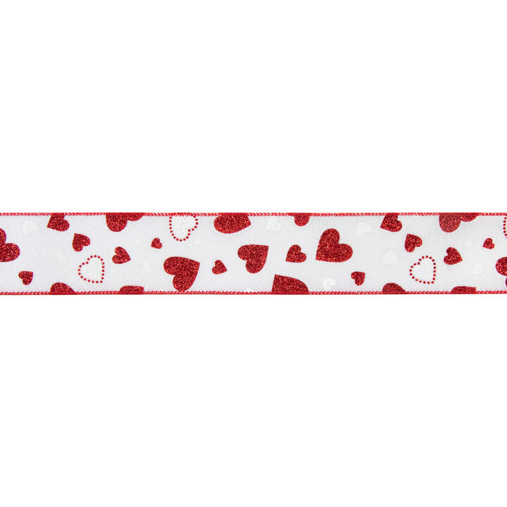 White and Red Glitter Hearts Valentine's Day Wired Craft Ribbon 2.5" x 10 Yards