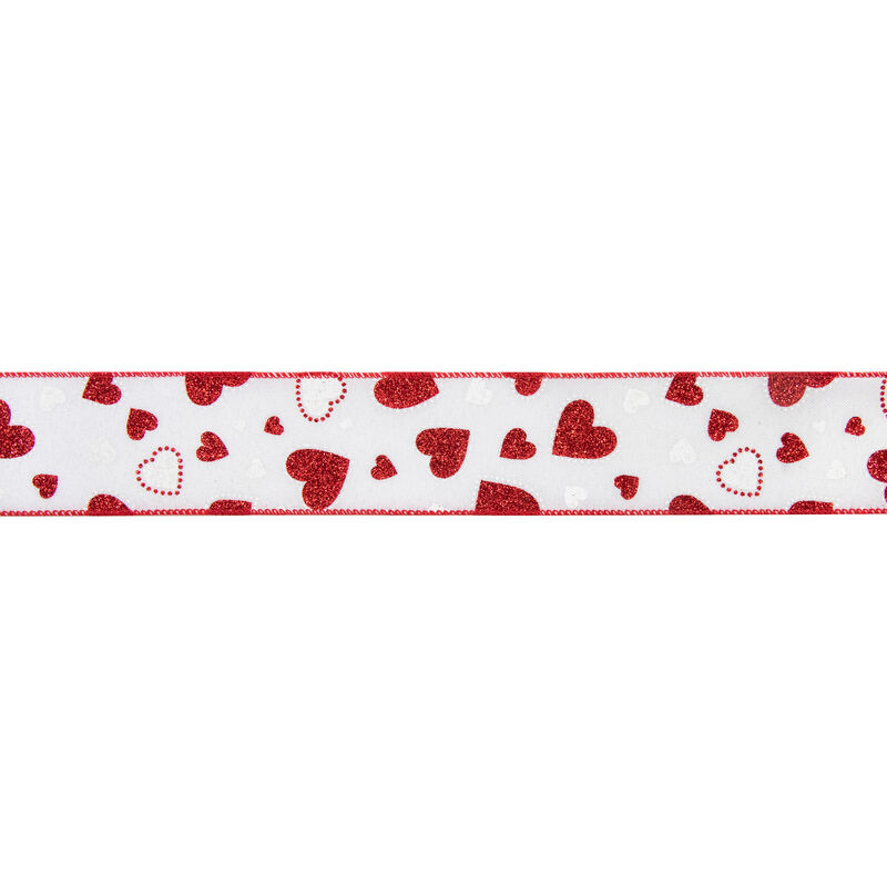 White and Red Glitter Hearts Valentine's Day Wired Craft Ribbon 2.5" x 10 Yards