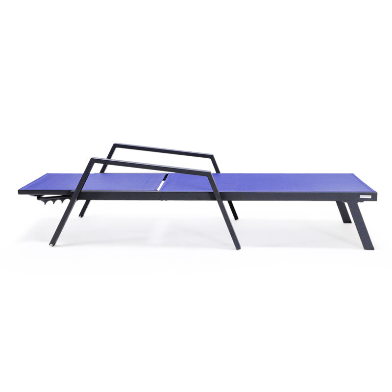 LeisureMod Marlin Patio Chaise Lounge Chair with Armrests – Black Aluminum Frame & Navy Blue Mesh for Outdoor Comfort