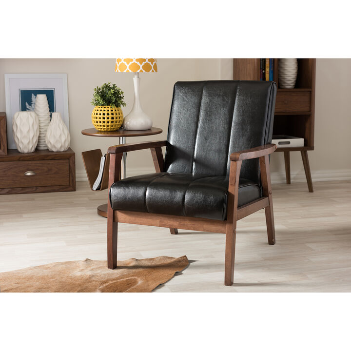 Baxton Studio Nikko Mid century Modern Scandinavian Black Faux Leather Wooden Lounge Chair