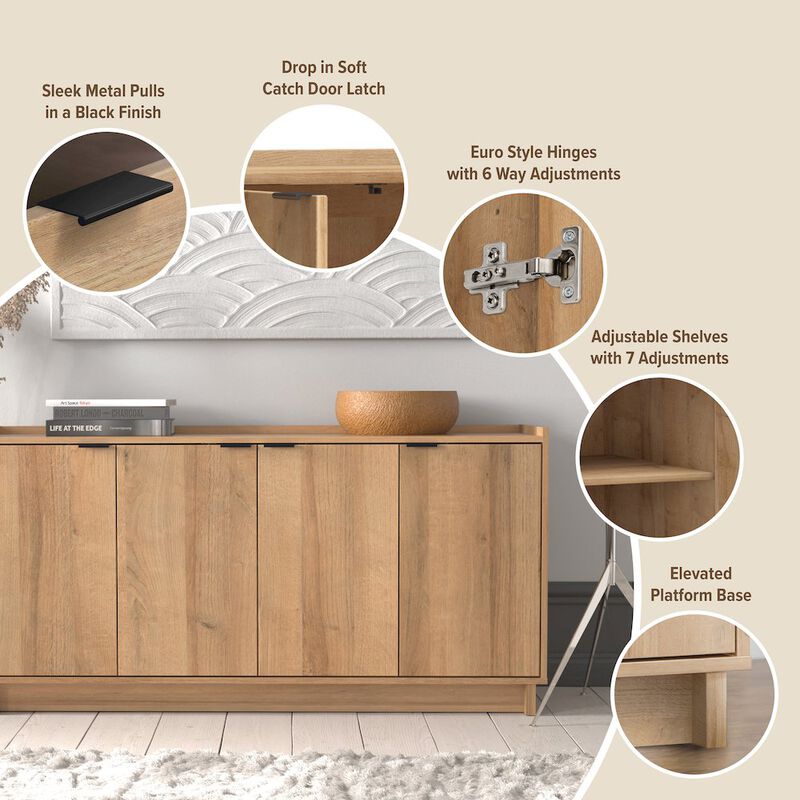 Prepac Simply Modern 4-Door Console Table Natural Oak Engineered Wood Sideboard