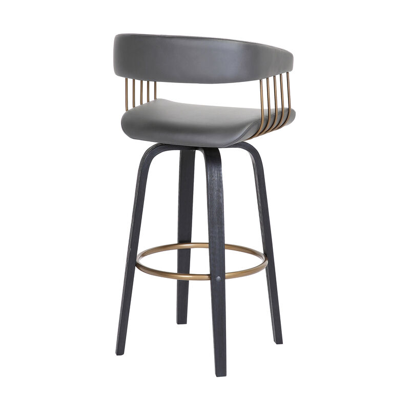 Topanga  Swivel Black Wood Counter Stool in Grey Faux Leather with Golden Bronze Metal