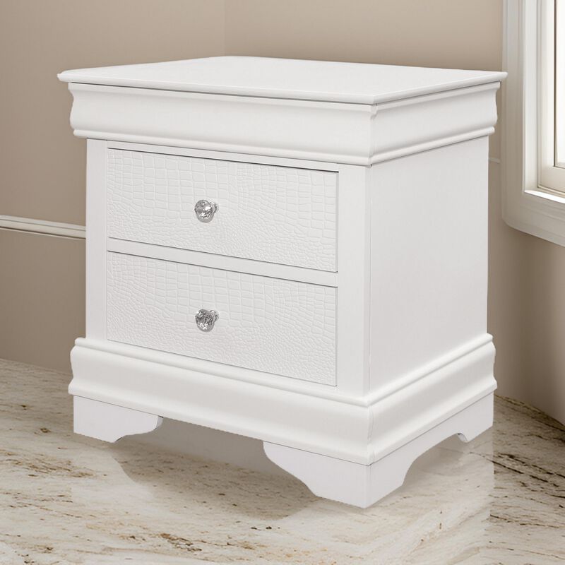 Teich 24 Inch Wood Nightstand, 2 Drawers, Textured Panels, Crisp White-Benzara