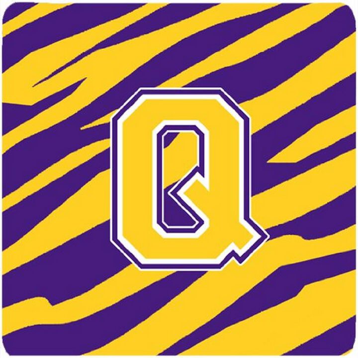 Caroline's Treasures CJ1022-QFC Monogram-Initial Q Tiger Stripe-Purple Gold Foam Coasters (Set of 4), 3.5 H x 3.5 W, Multicolor