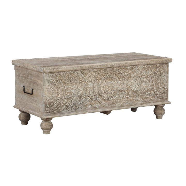 Medallion Pattern Wooden Storage Bench, Hinged Opening, Antique White, Black - Benzara