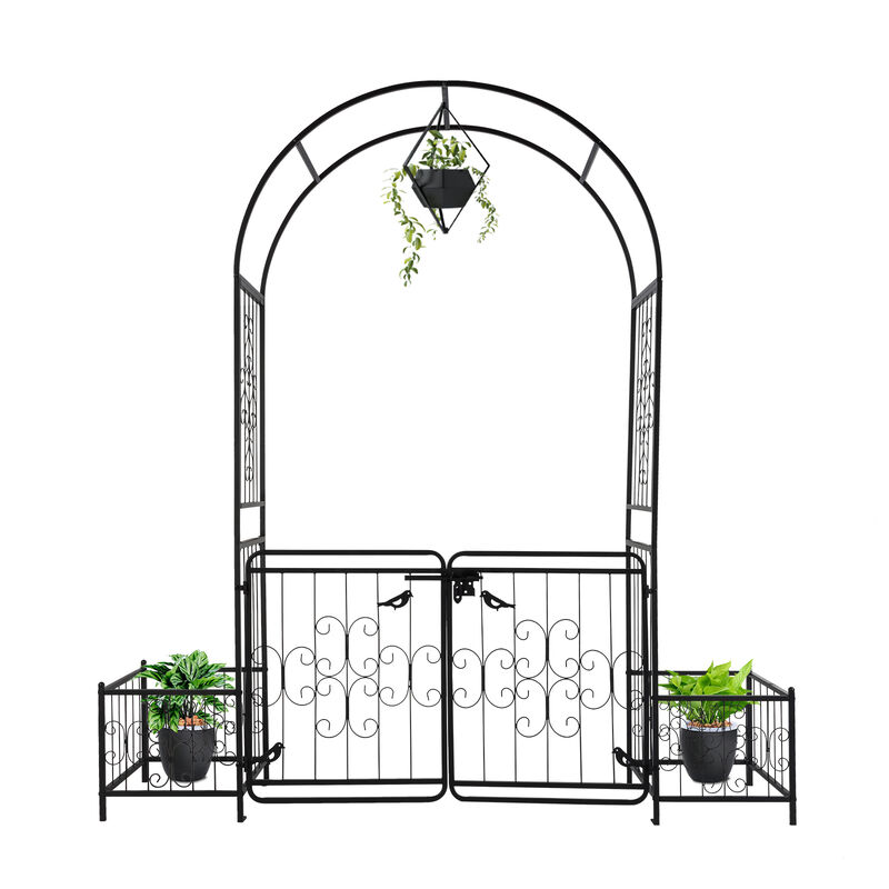 Iron Arch Arbor with Gate & Planter Frame, Outdoor Courtyard Trellis