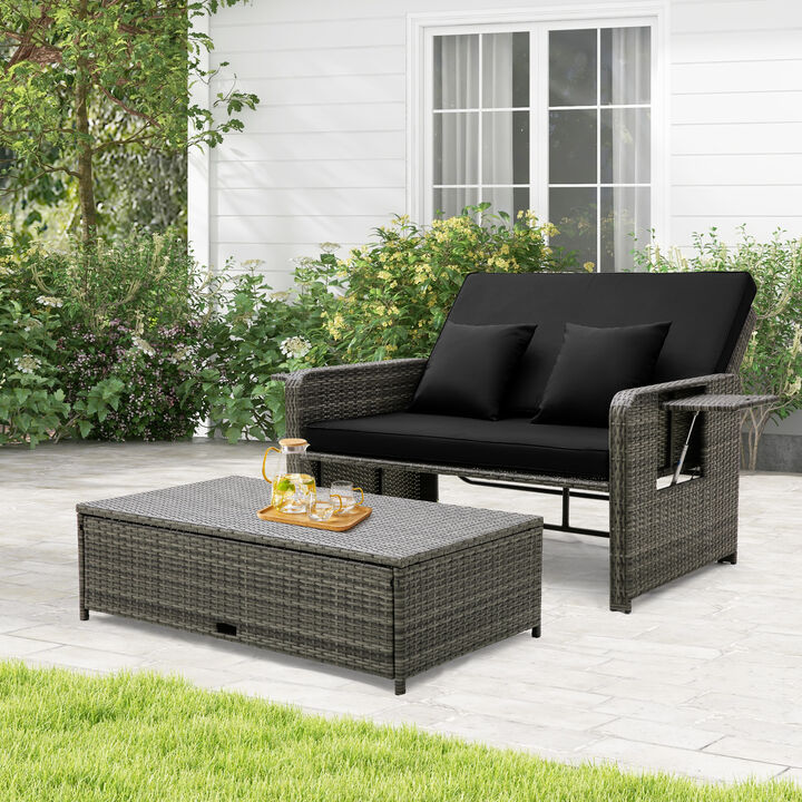 Wicker Loveseat Sofa with Multipurpose Ottoman and Retractable Side Tray