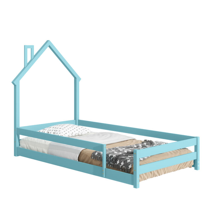 Twin Size Wood Bed With House-Shaped Headboard Floor Bed With Fences, Light Blue