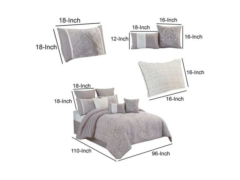 King Size 10 Piece Fabric Comforter Set with Medallion Prints, White - Benzara