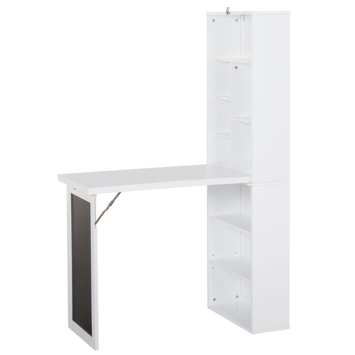 HOMCOM Fold-out Convertible Writing Table Wall Mount Desk Cabinet with Blackboard and Side Shelf Multi-Function Home Office Workstation, White