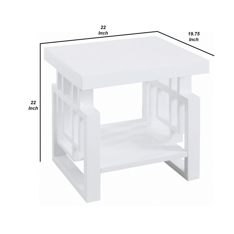 22 Inch Wood End Table, Geometric Frame, 1 Shelf, Glossy White-Benzara