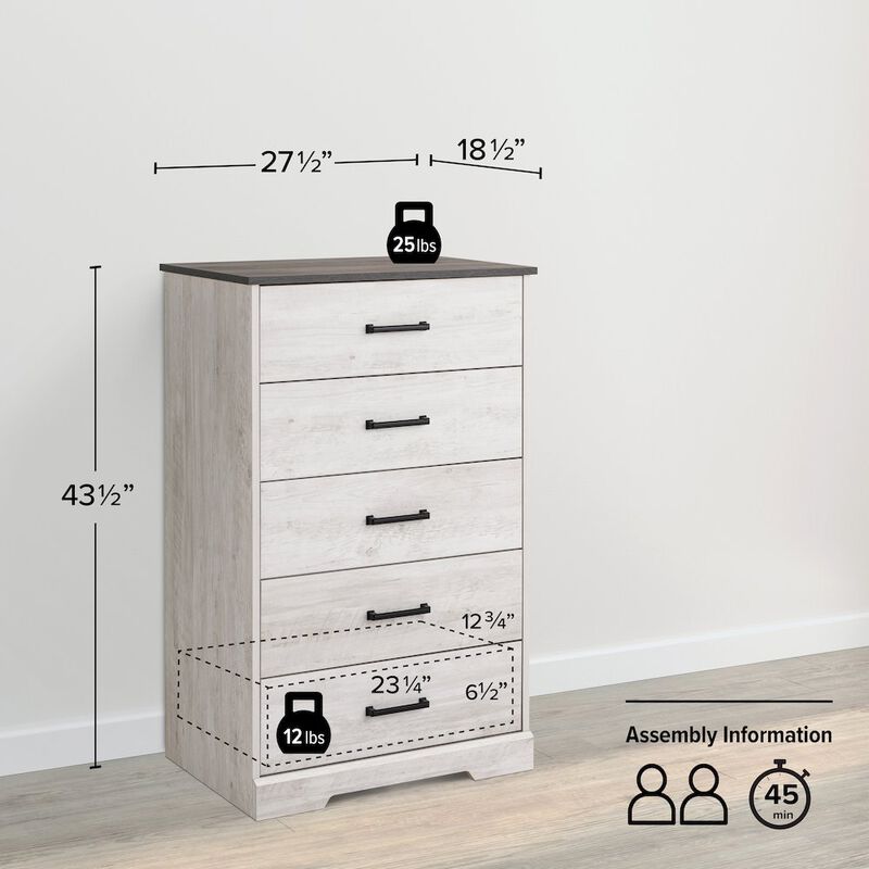 Prepac Rustic Ridge Washed White 5 Drawer 18.5D x 27.5W x 43.5H Dresser