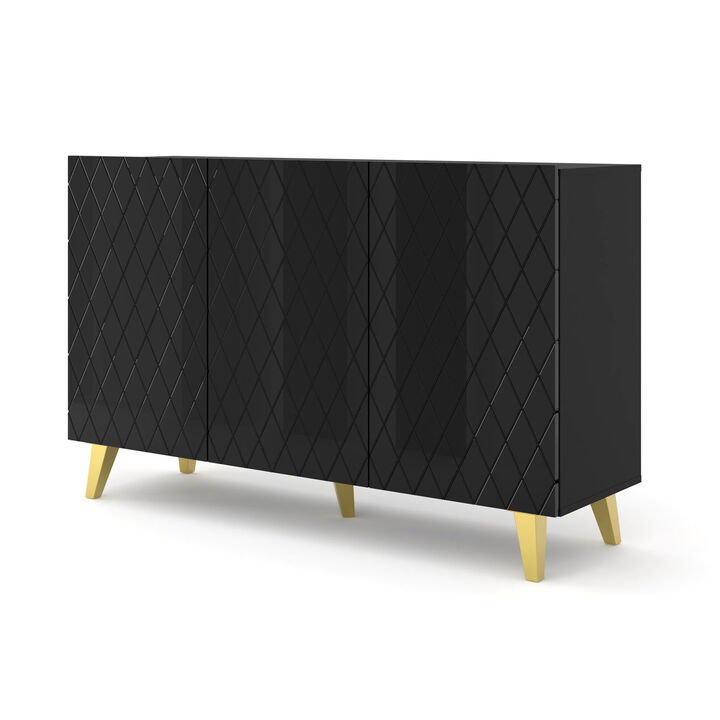 Buffet DIUNA 3D 57'' Commode Milled MDF Fronts, Black High Gloss