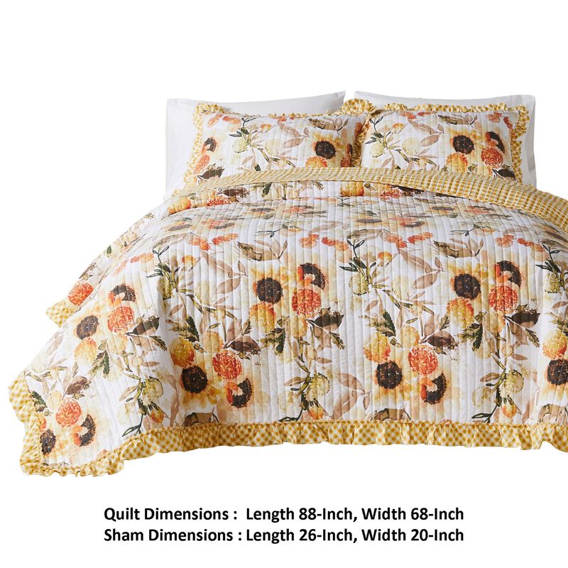 Kelsa 2 Piece Twin Quilt Set with Pillow Sham, Cotton, Ruffled Border, Gold-Benzara