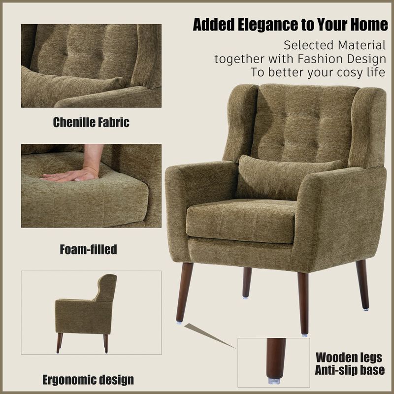 Mondawe Modern Accent Chair, Chenille Upholstered Armchair Comfy Padded Lounge with Pillow