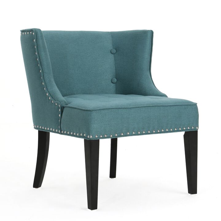Samuel Accent Chair, Button Tufted Waffle Stitch Teal Fabric, Brown Wood - Benzara