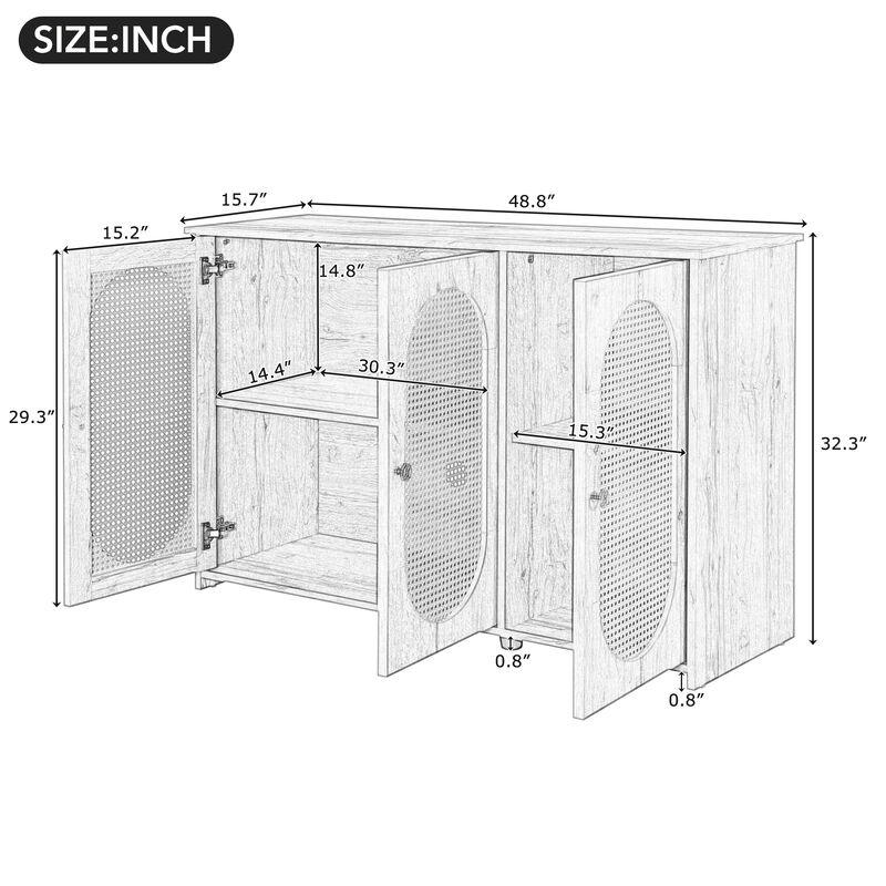 Clihome Retro 3-Door Sideboard with Large Storage Space Artificial Rattan Doors and Metal Handles, Accent Cabinet for Living Room and Hallway (White)