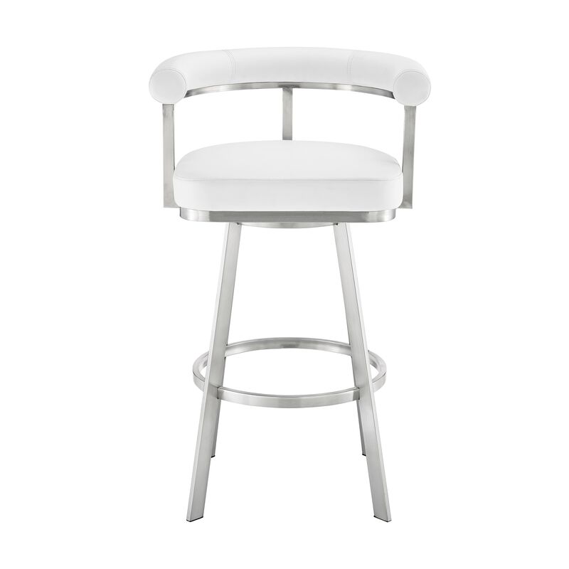 Gini 26 Inch Swivel Counter Stool, Round Back, Chrome, White Faux Leather - Benzara