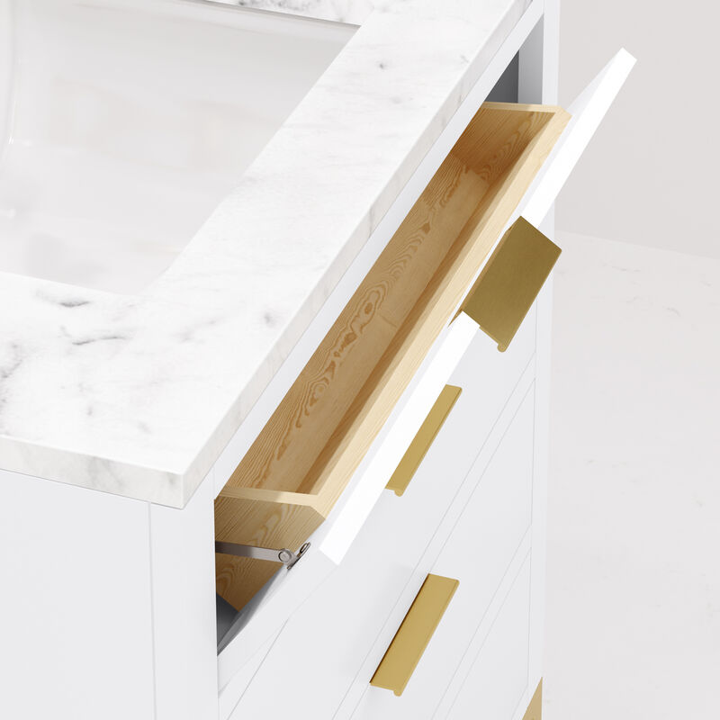 Bristol 30 In. Single Sink Carrara White Marble Countertop Bath Vanity in Pure White