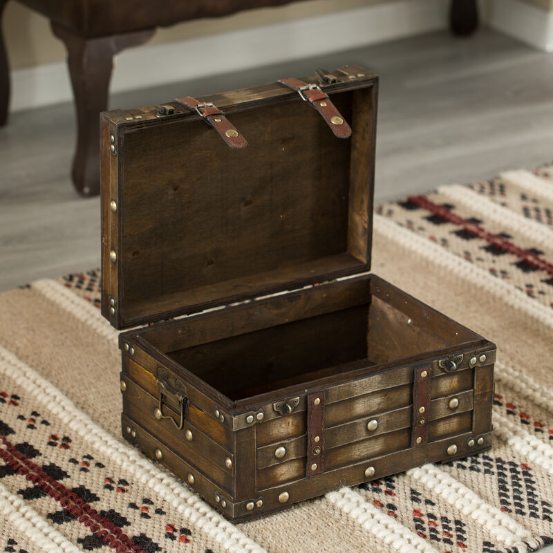 Wooden Brown Storage Trunk with Faux Leather Straps and Handles, Small