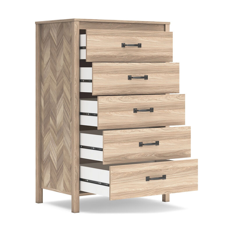 Bette Tall Dresser Chest, 5 Drawers, Light Oak Brown Finish, 60 Inch - Benzara