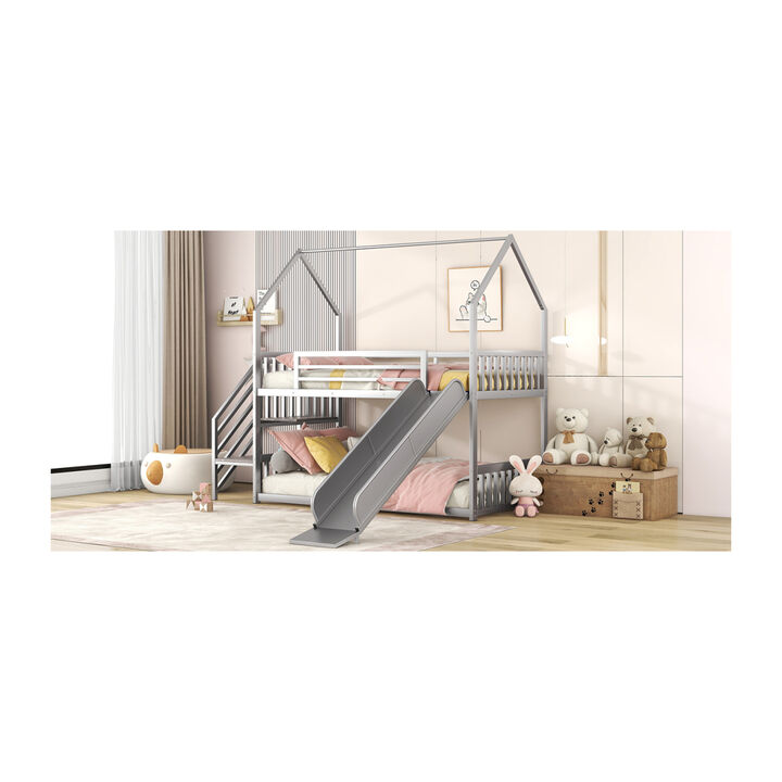 Twin Over Twin Metal Bunk Bed House Bed With Slide And Staircase, Silver