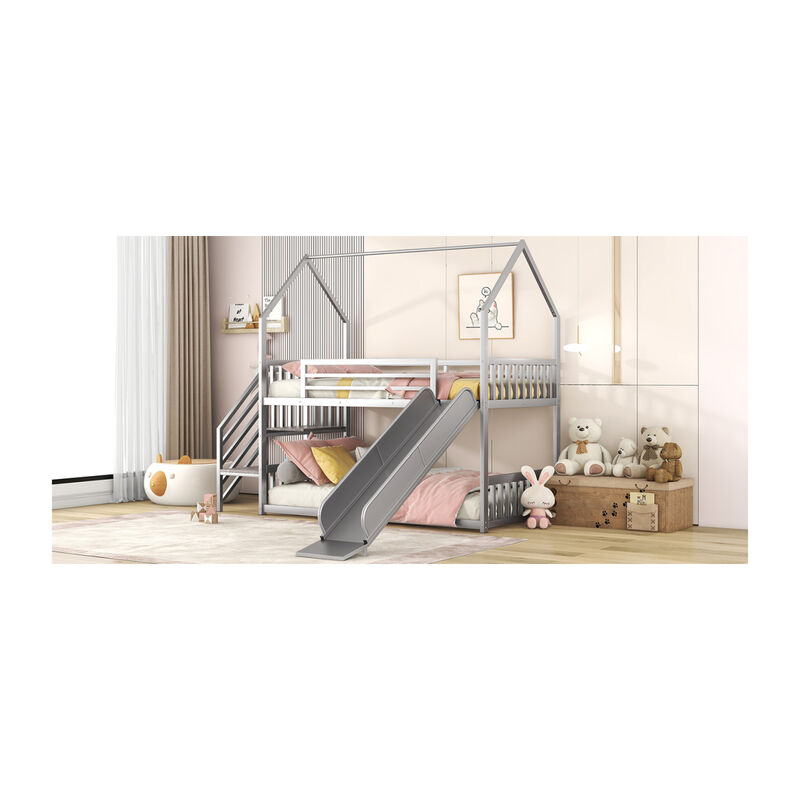 Twin Over Twin Metal Bunk Bed House Bed With Slide And Staircase, Silver