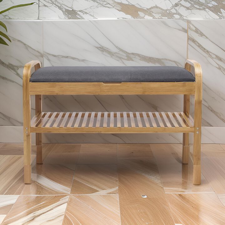 Mindy Shoe Storage Bench, Gray Polyester Seat, Walnut Brown Bamboo, 36 Inch