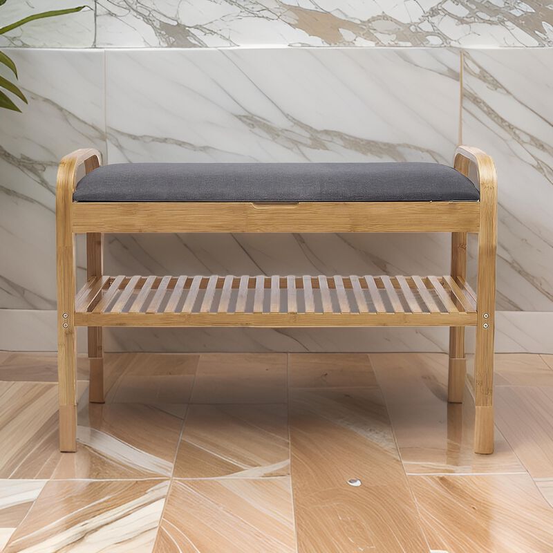 Mindy Shoe Storage Bench, Gray Polyester Seat, Walnut Brown Bamboo, 36 Inch