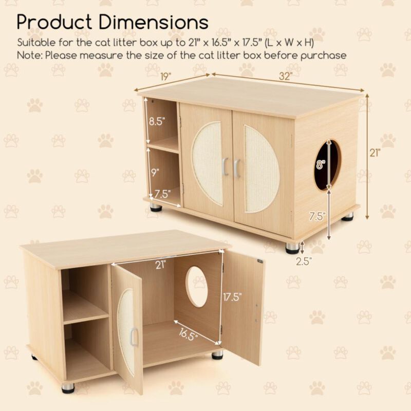 Hivvago Cat Litter Box Enclosure with Sisal Scratching Doors and Adjustable Metal Feet-Natural