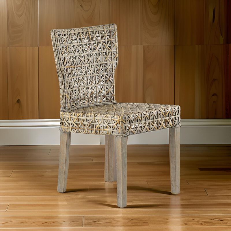 22 Inch Side Dining Chair, Woven Rattan Backrest and Seat, Weathered Gray - Benzara
