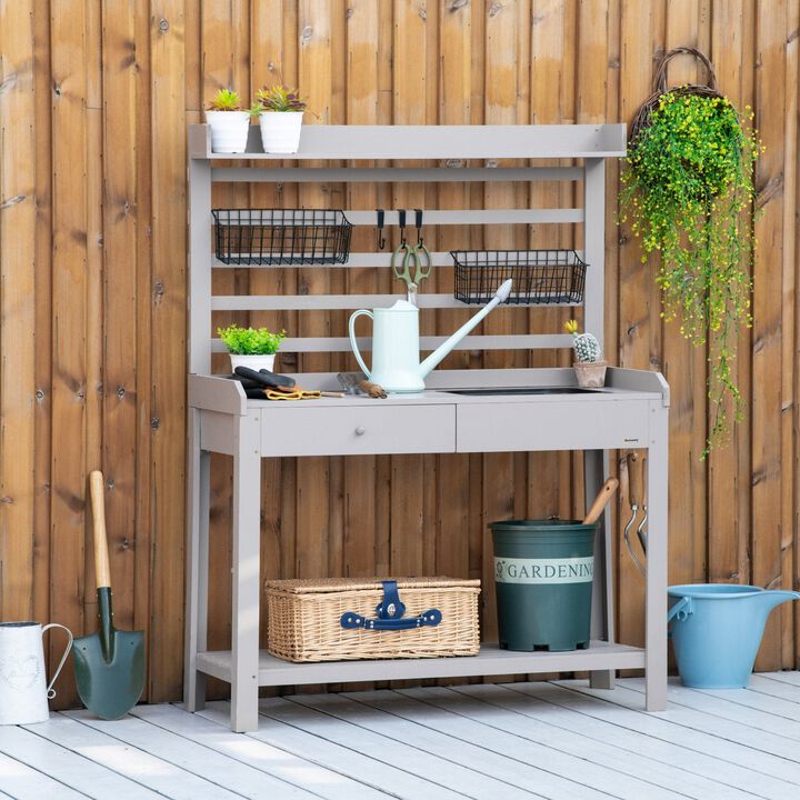 Grey Garden Station: Potting Bench with Sink and Metal Sieve Screen