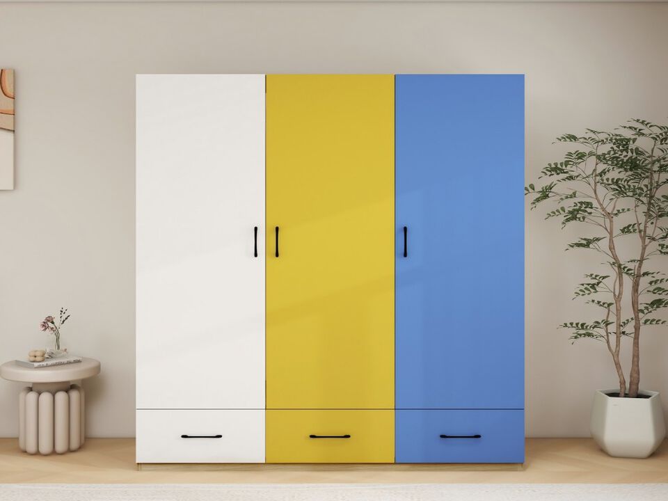 Tall Armoire Wardrobe Closet, Bedroom Armoires with Hanging Rod,3 Color Doors and 3 Storage Cabinets, Wardrobe Closet with 3 Drawers for Bedroom