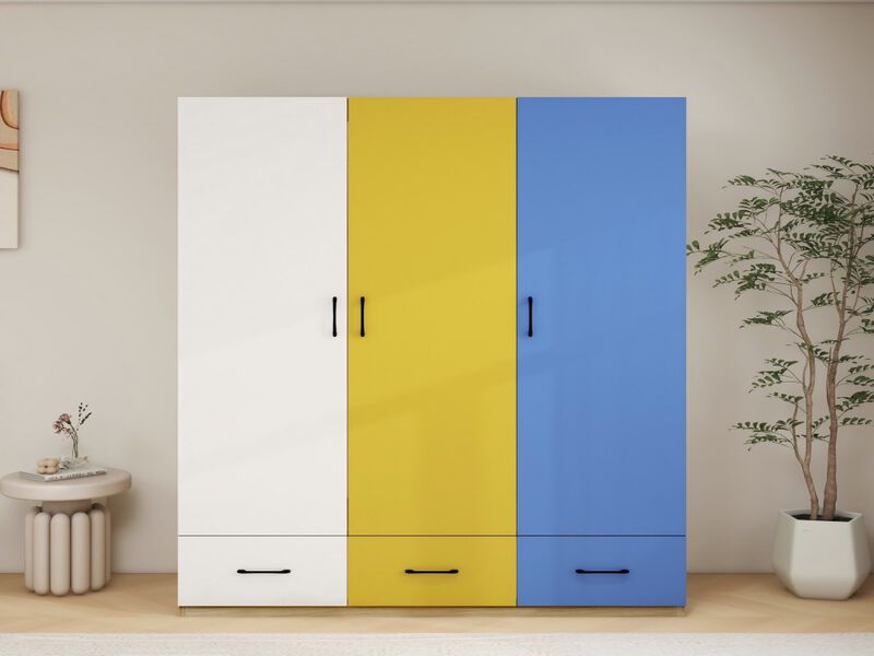 Tall Armoire Wardrobe Closet, Bedroom Armoires with Hanging Rod,3 Color Doors and 3 Storage Cabinets, Wardrobe Closet with 3 Drawers for Bedroom