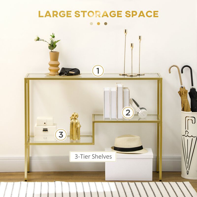 Gold Entryway Accent: 39" Console Table with Glass Top & Steel Frame