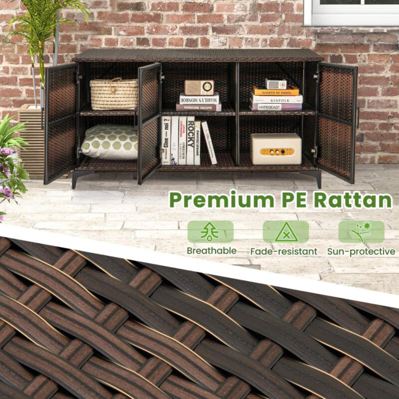 Hivvago 84 Gallon Patio Wicker Deck Box 3-Door PE Rattan Storage Container with Removable Shelves