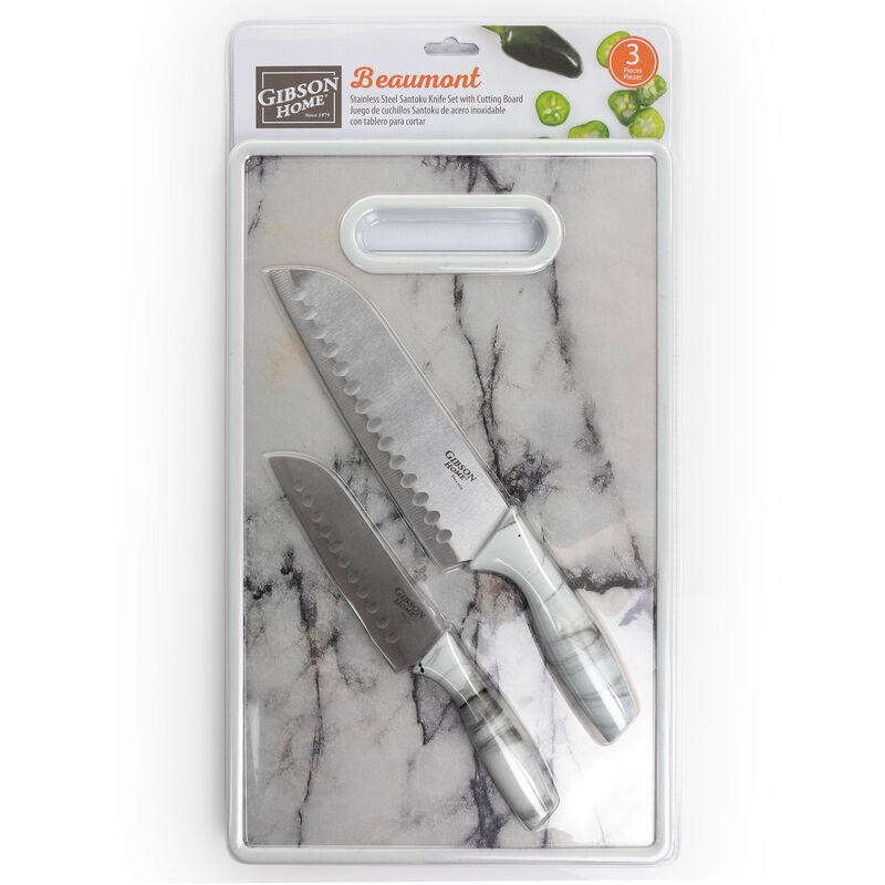 Gibson Home Beaumont 3 Piece Stainless Steel Santoku Knife Set with Cutting Board in White Marble
