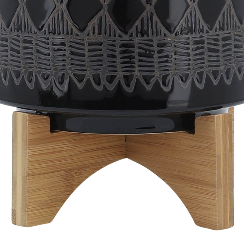 Ceramic 8" Aztec Planter On Wooden Stand