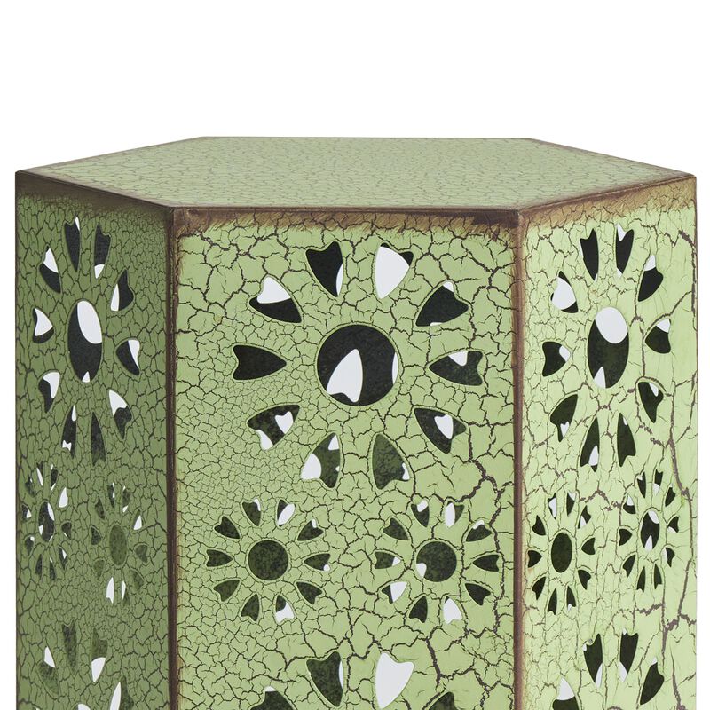 Liana Outdoor Side Table, Hexagonal 12 Inch, Sunburst Cut Out, Green - Benzara