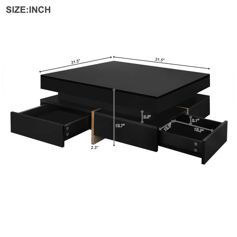 High Gloss Coffee Table with 4 Drawers, Multi Storage, Wood Grain Legs
