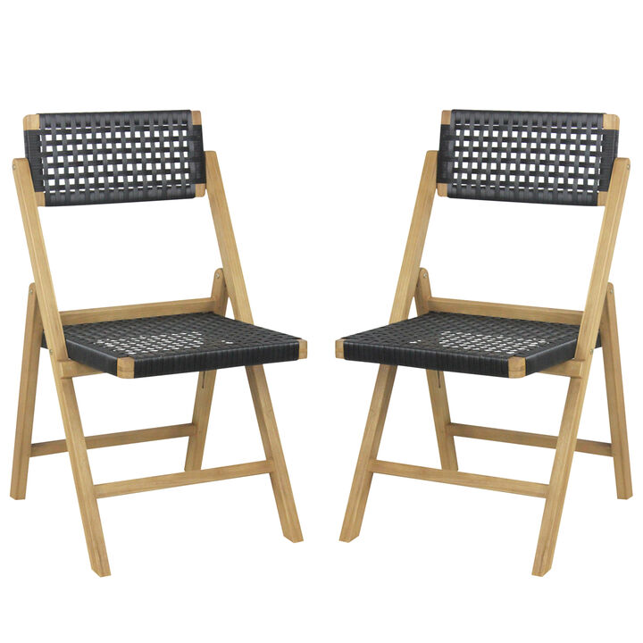 Set of 2 Folding Chairs Teak Wood Dining Chairs with Woven Rope Seat and Back