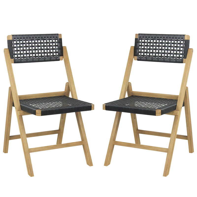Set of 2 Folding Chairs Teak Wood Dining Chairs with Woven Rope Seat and Back
