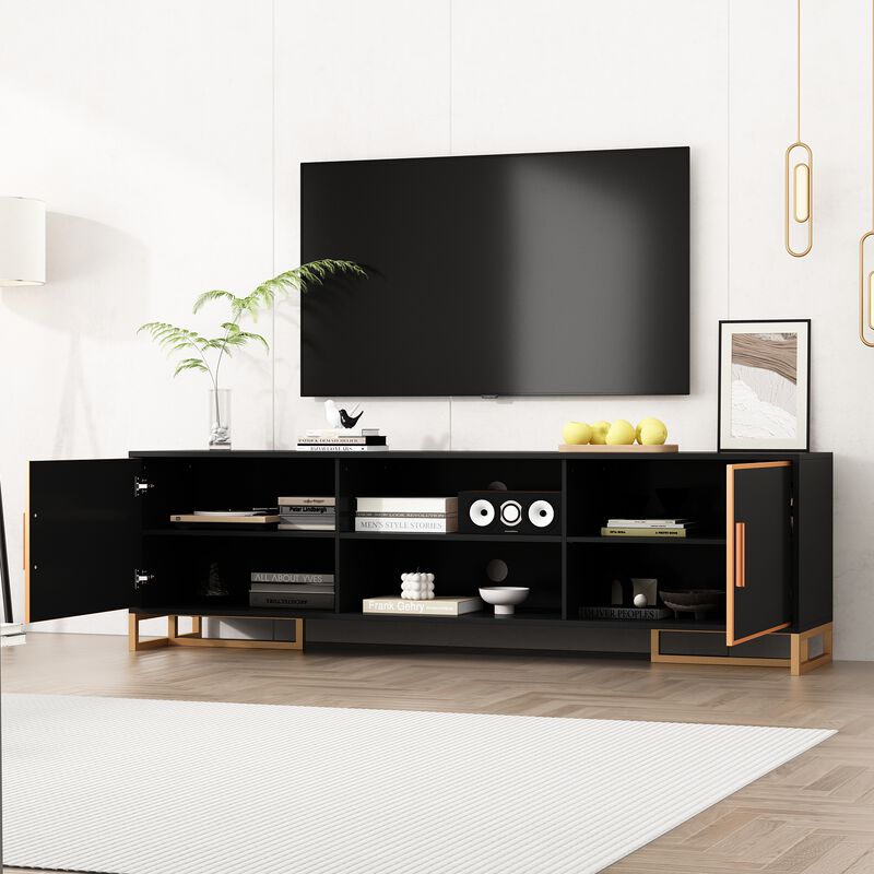 FUFU&GAGA Modern Black TV Stand with Gold Trim, Metal Handles & Base – Entertainment Center for TVs up to 75" (70.9"W x 15.7"D x 20.9"H), Black