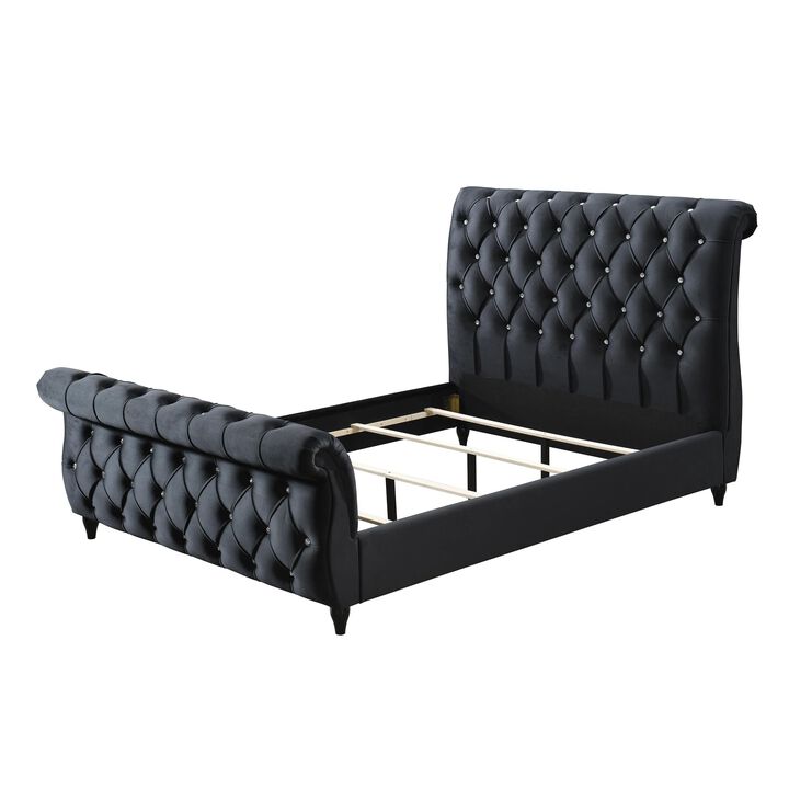Ellowen Queen Size Bed, Diamond Tufted Black Upholstery, Panel Headboard - Benzara
