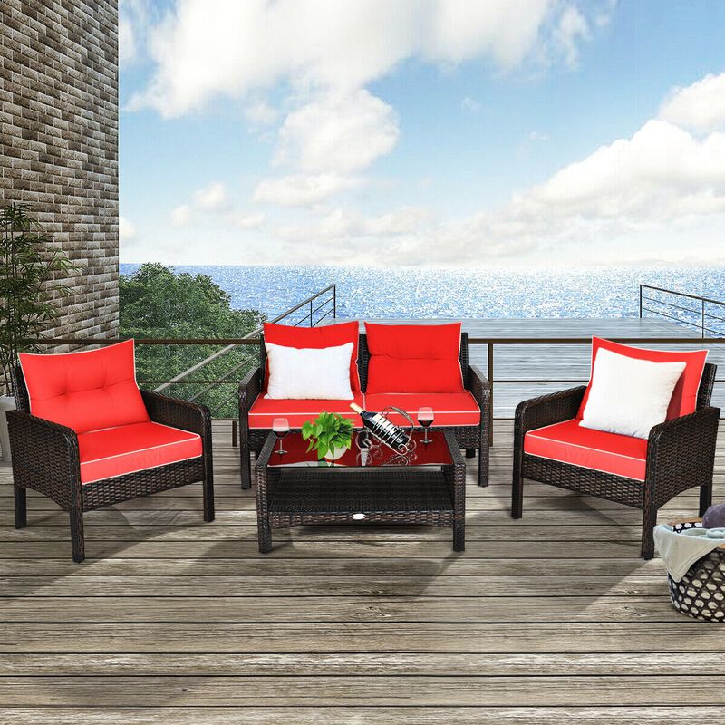 4 Pieces Outdoor Rattan Wicker Loveseat Furniture Set with Cushions