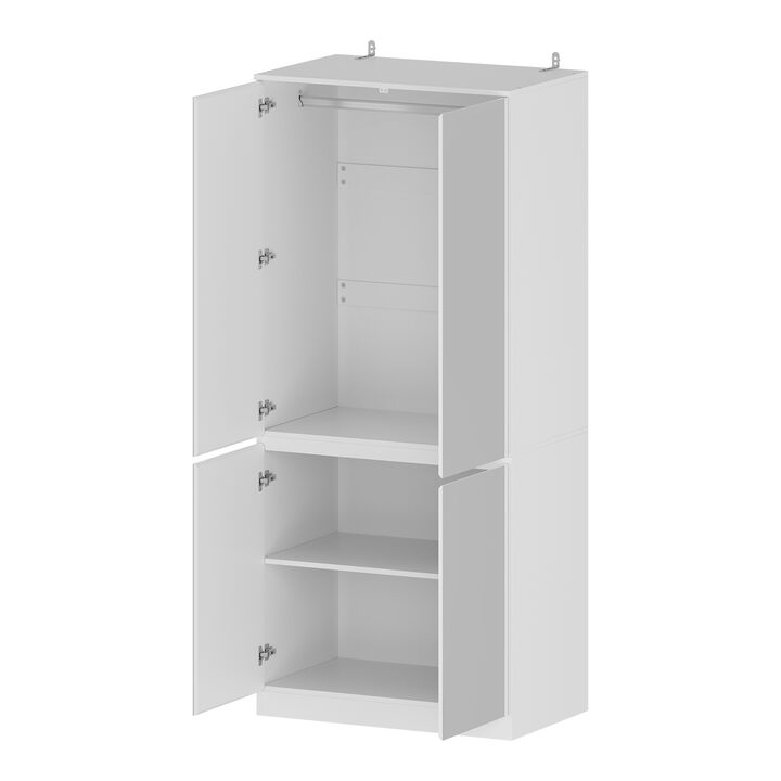 White High Gloss Mirrored Doors 31.5 in. W Wardrobe Armoires W/Mirror Doors, Hanging Rod 70.9 in. H x 15.7 in. D