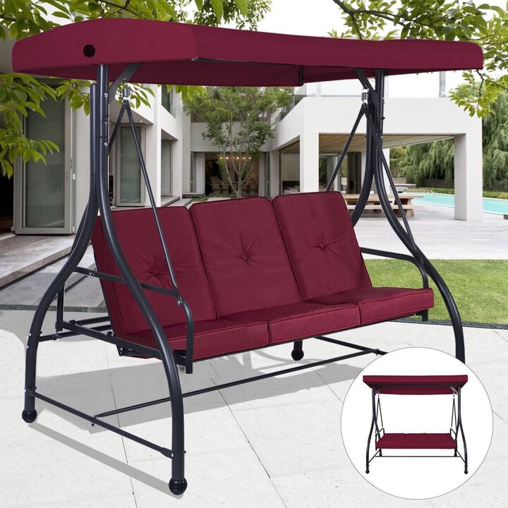 Hivvago Dark Red Burgundy 3 Seat Cushioned Porch Patio Canopy Swing Chair