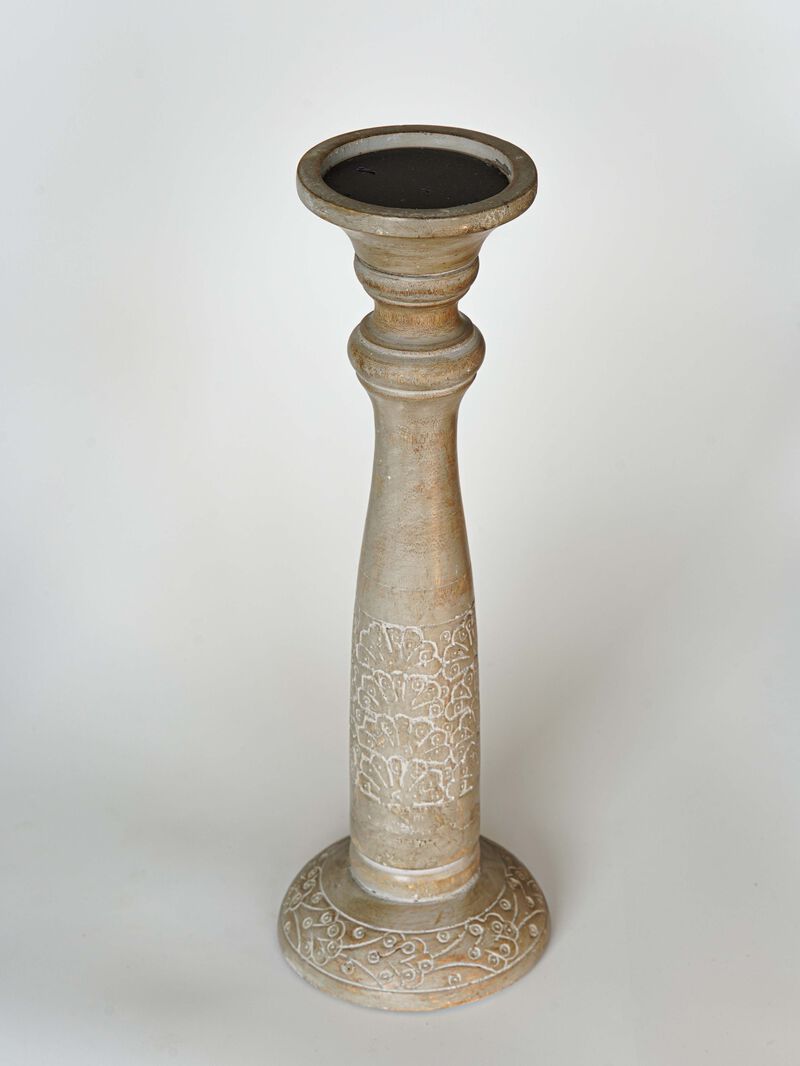 Traditional Gray Wash Eco-friendly Handmade Mango Wood Set Of Three 6",9" & 12" Pillar Candle Holder BBH Homes