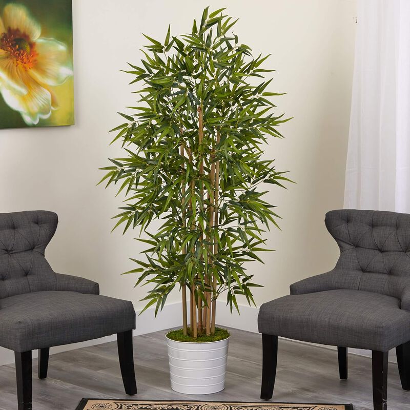 Hivvago 64 Inches Bamboo Artificial Tree in White Tin Planter